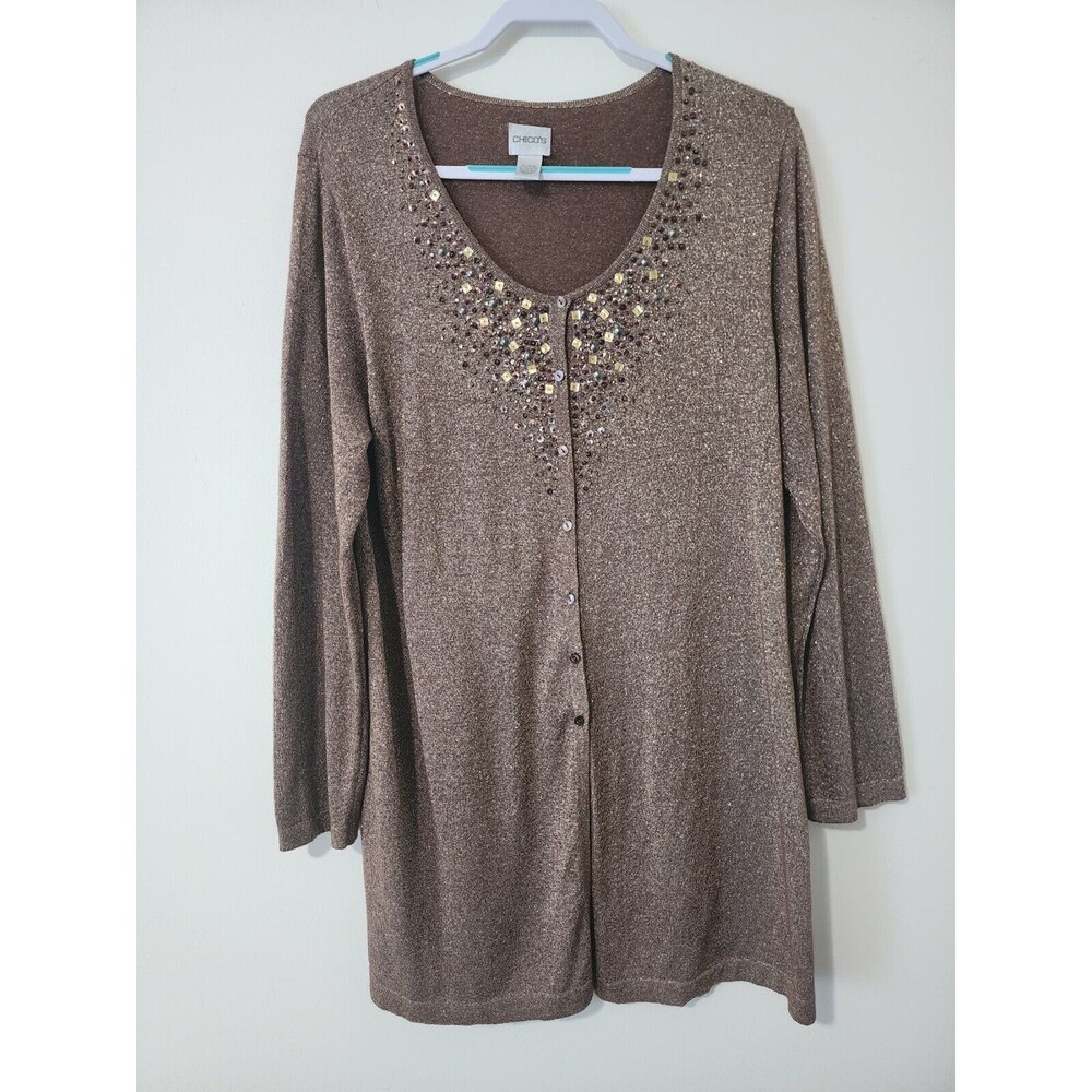 Chico's Womens Long Cardigan Brown Gold Embellished Button Up Size 3 XL 16 - Picture 2 of 10